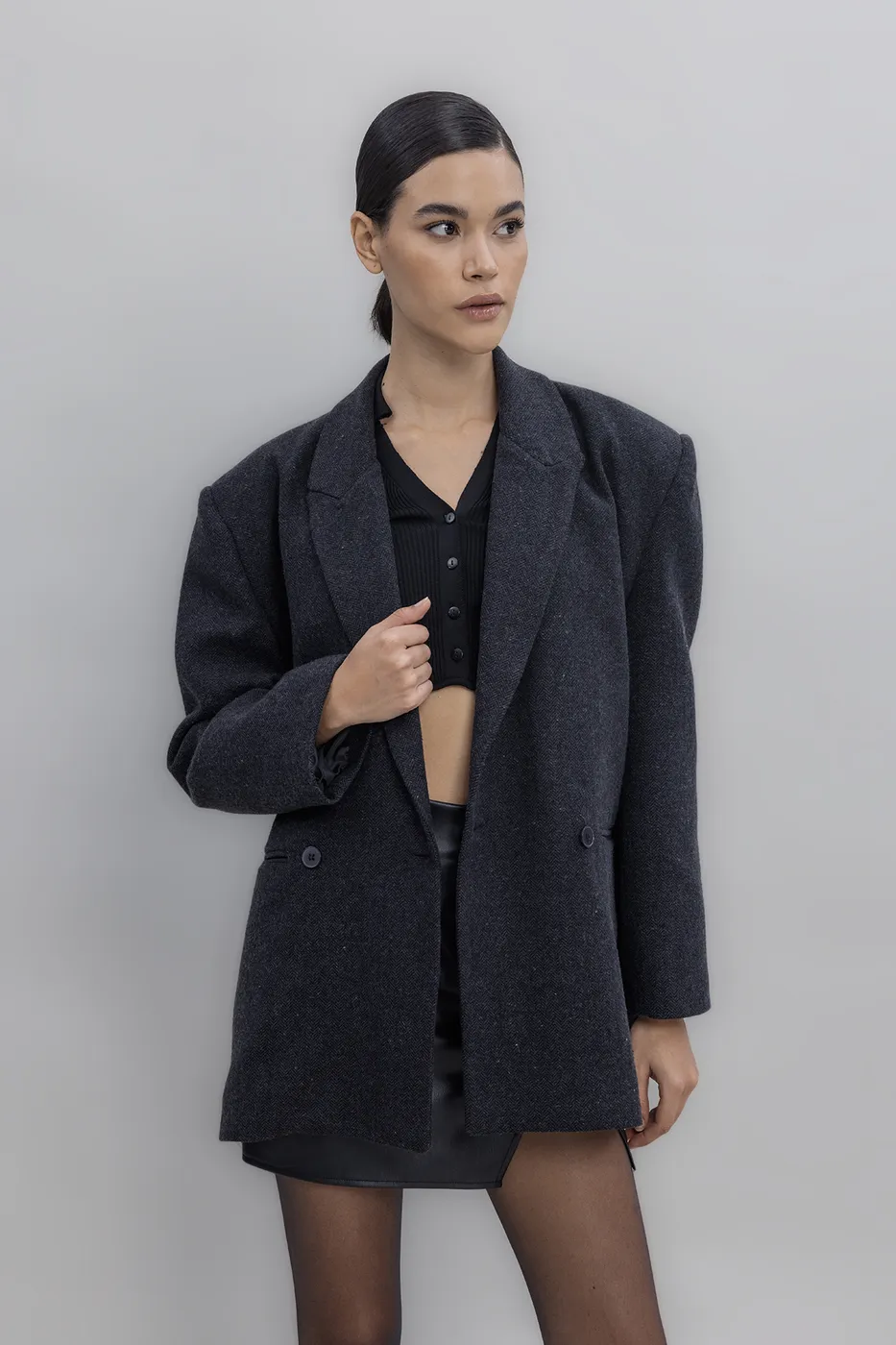 Bayan Siyah Yün Karışım Kruvaze Blazer Ceket