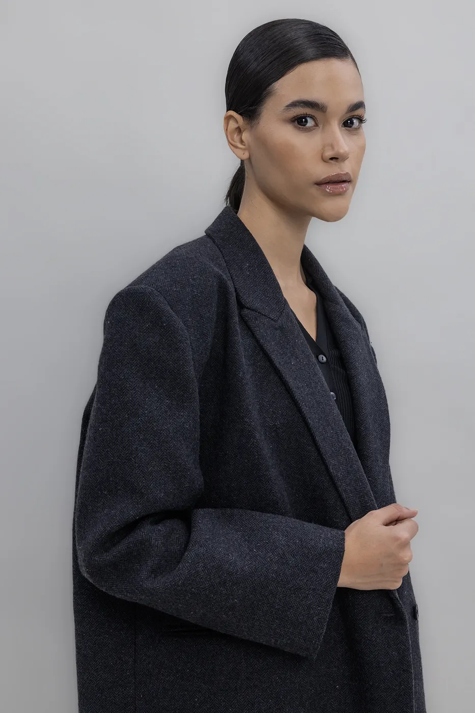 Bayan Siyah Yün Karışım Kruvaze Blazer Ceket