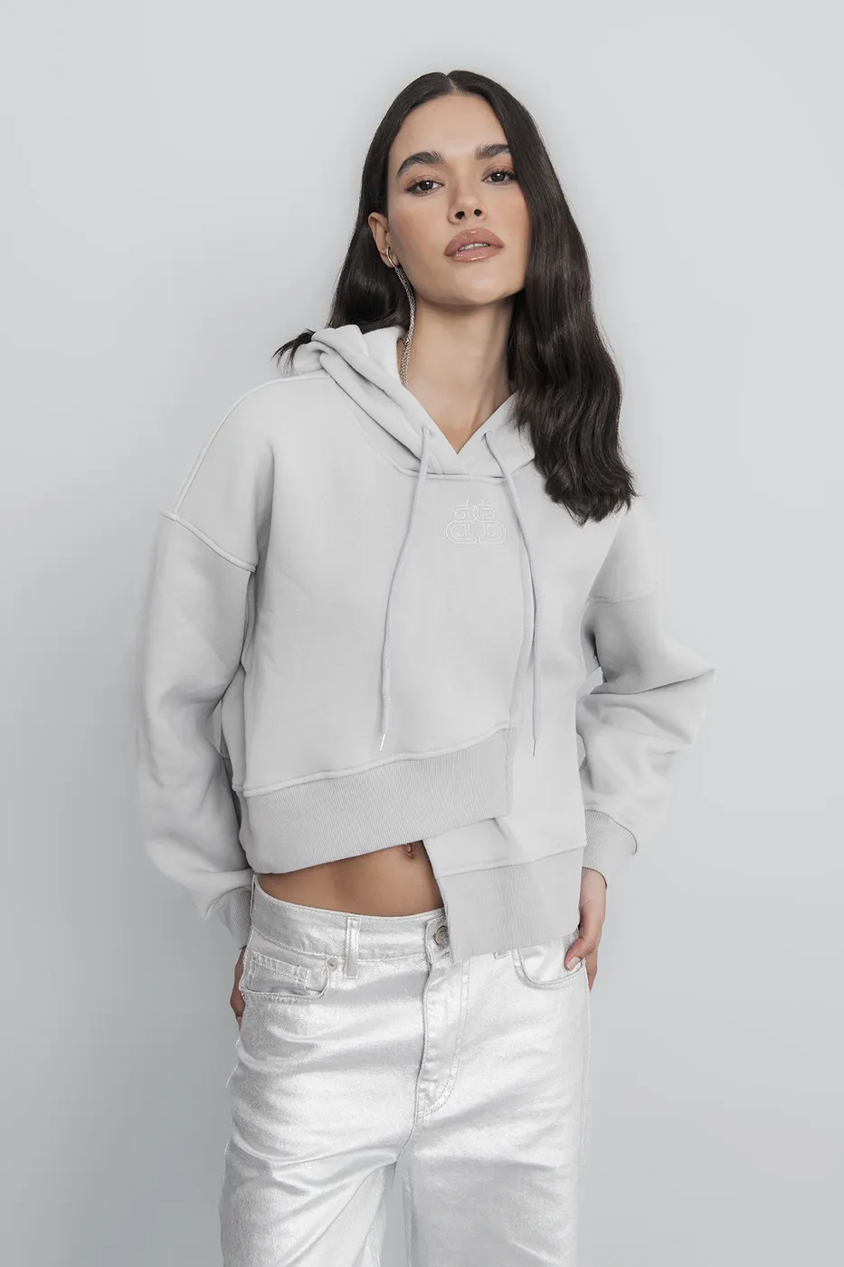 Bayan Gri Kapüşonlu Nakış Detaylı Şardonlu Sweatshirt