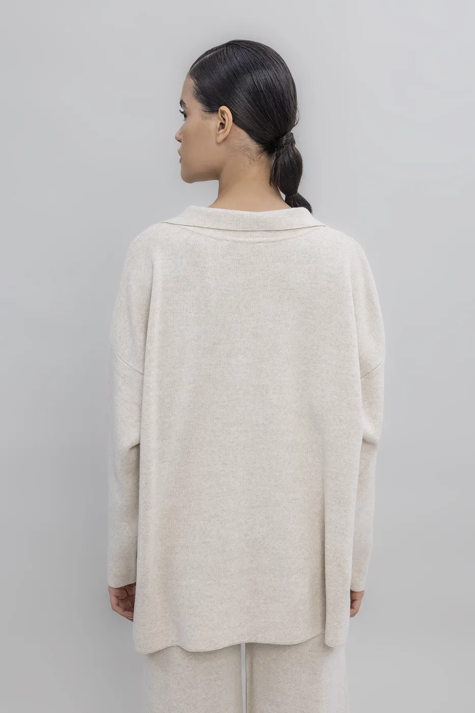 Bayan Ekru Yakalı Oversize Triko Kazak