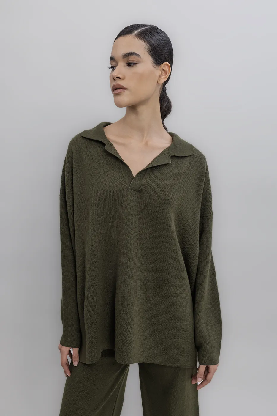 Bayan Haki Yakalı Oversize Triko Kazak
