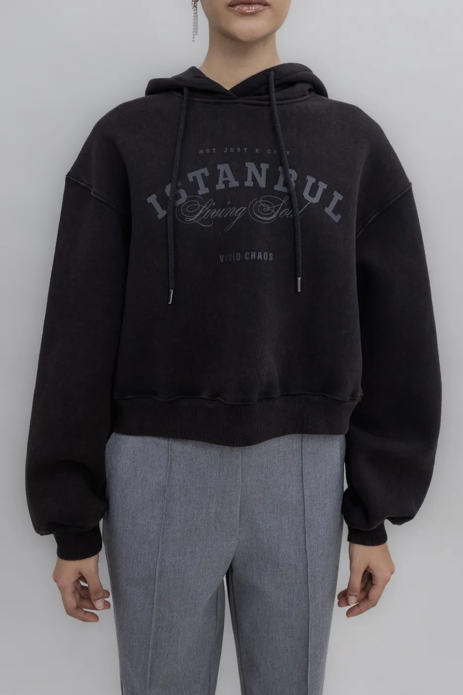 Bayan Kahverengi Kapüşon Baskı Detaylı Şardonlu Sweatshirt