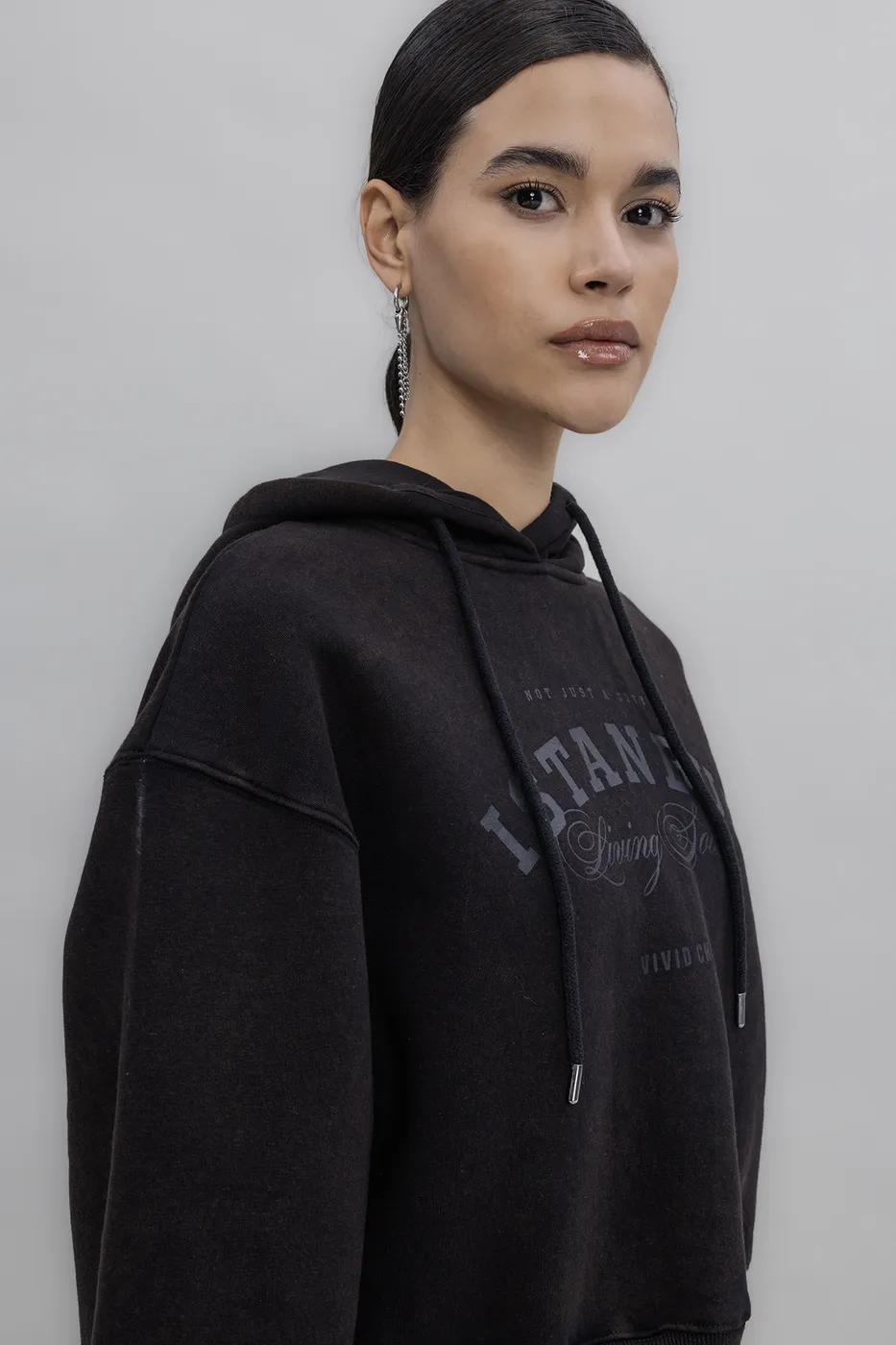 Bayan Kahverengi Kapüşon Baskı Detaylı Şardonlu Sweatshirt
