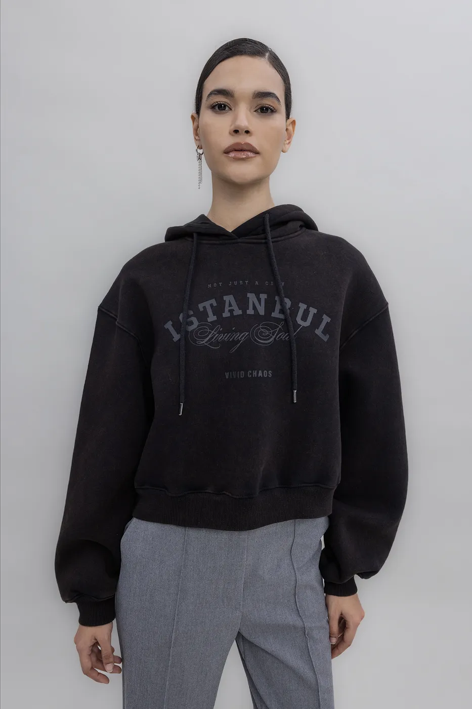 Bayan Kahverengi Kapüşon Baskı Detaylı Şardonlu Sweatshirt