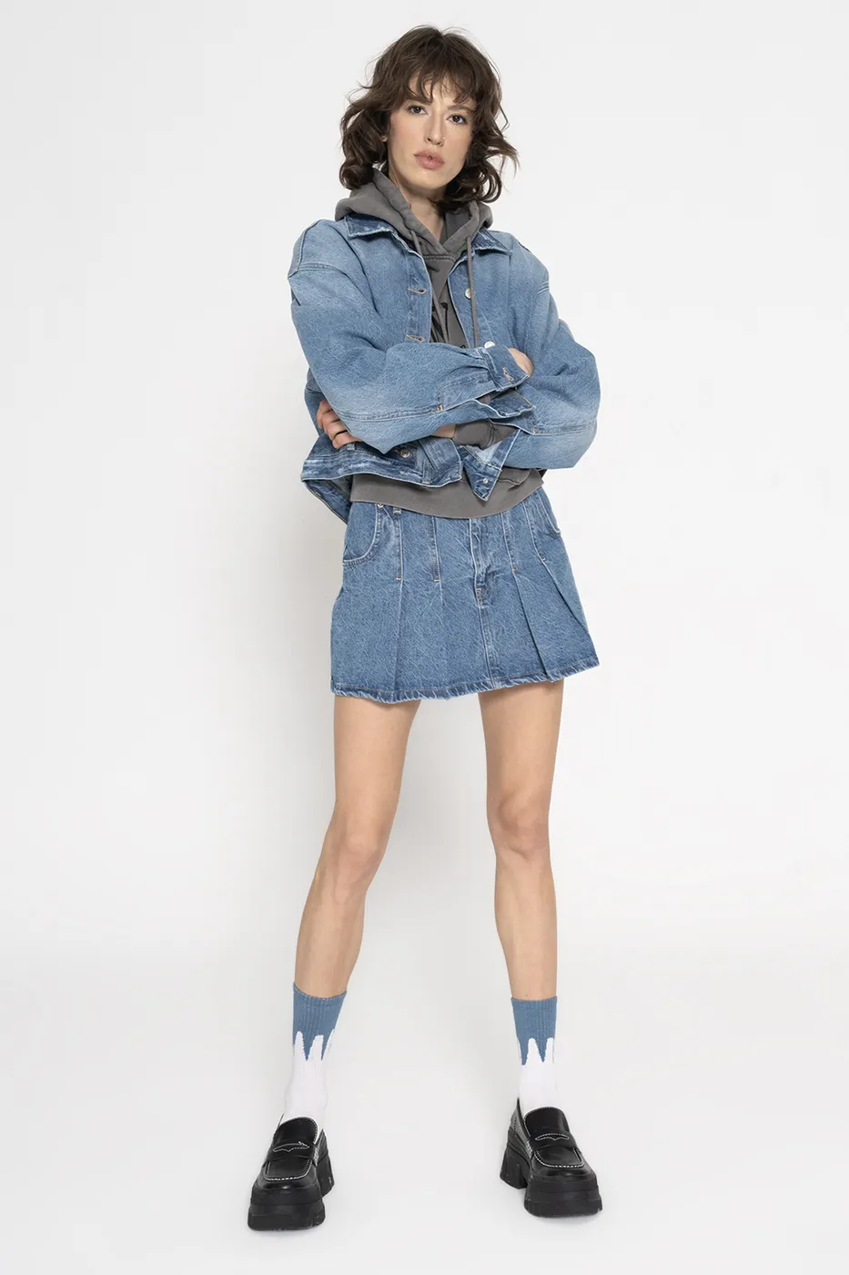 Bayan Mavi Pileli Denim Mini Etek