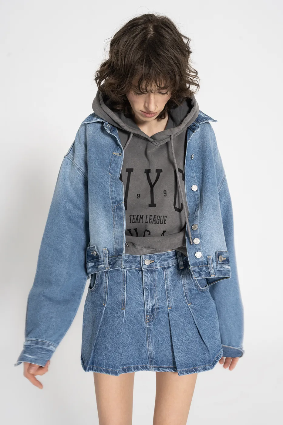 Bayan Mavi Pileli Denim Mini Etek
