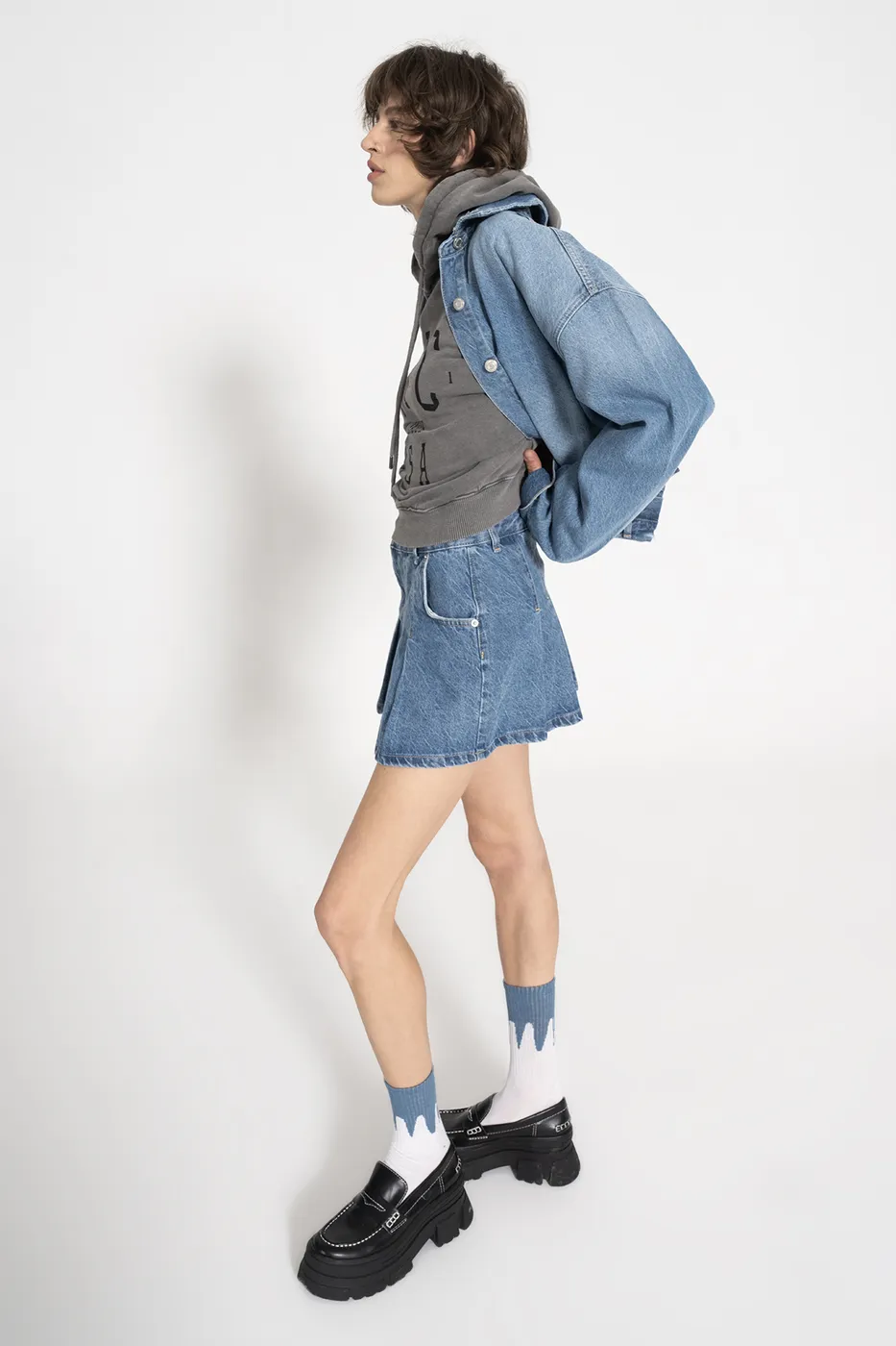 Bayan Mavi Pileli Denim Mini Etek