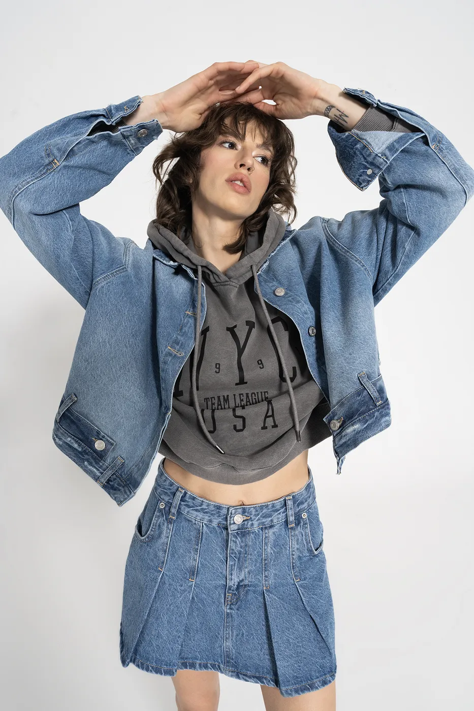 Bayan Mavi Pileli Denim Mini Etek