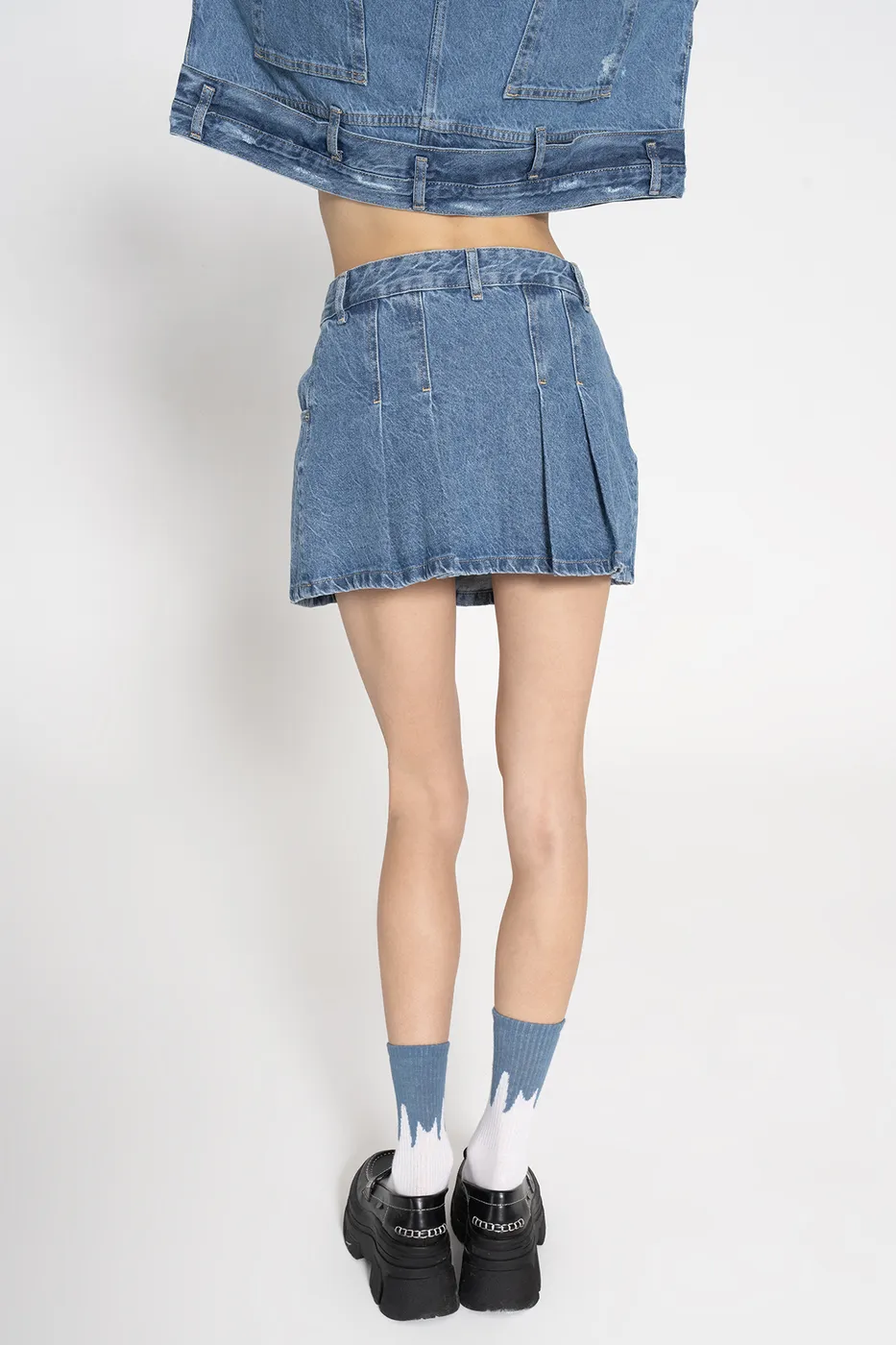 Bayan Mavi Pileli Denim Mini Etek