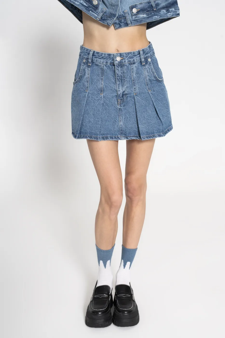 Bayan Mavi Pileli Denim Mini Etek