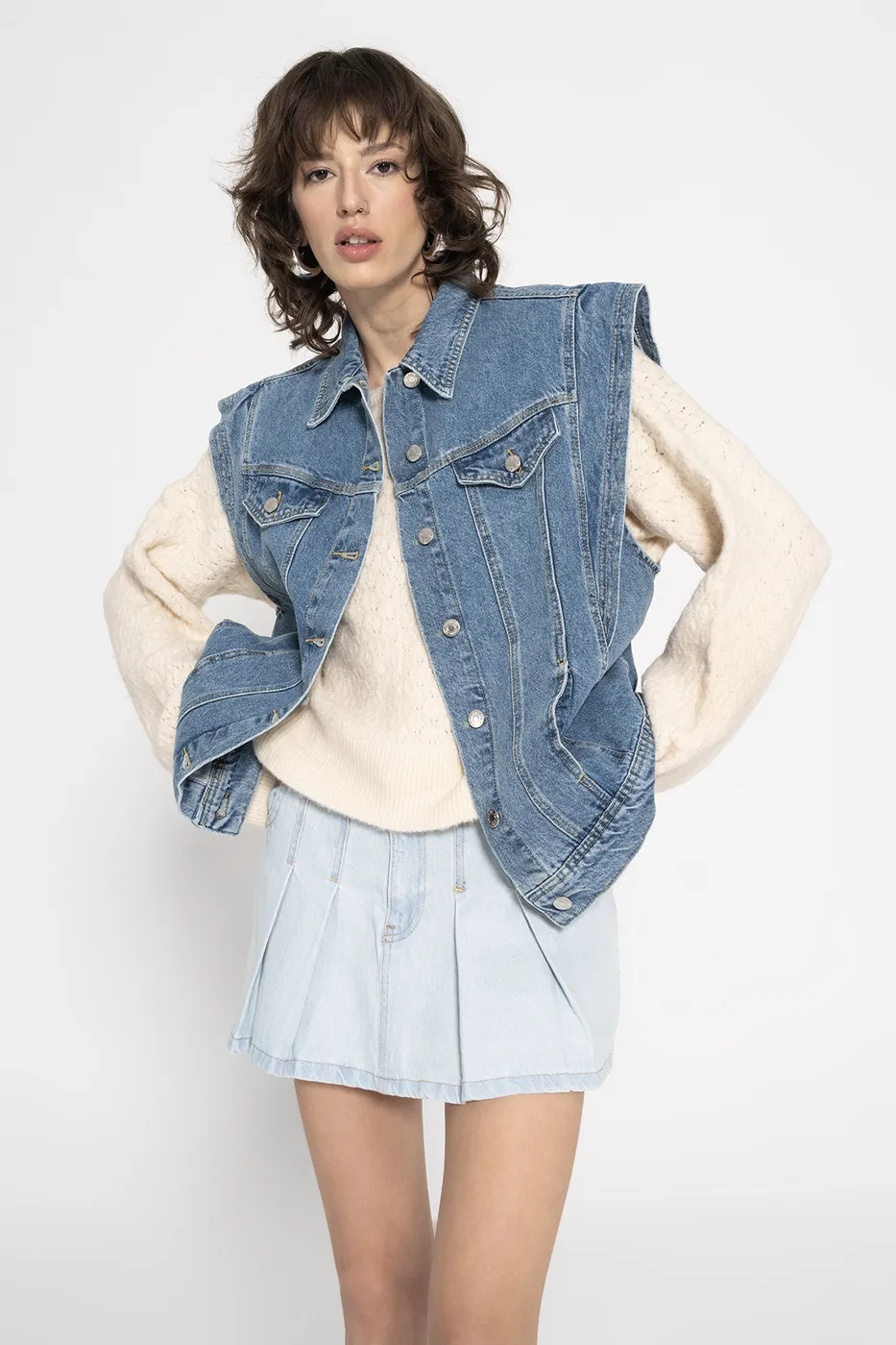 Bayan Mavi Pileli Denim Mini Etek
