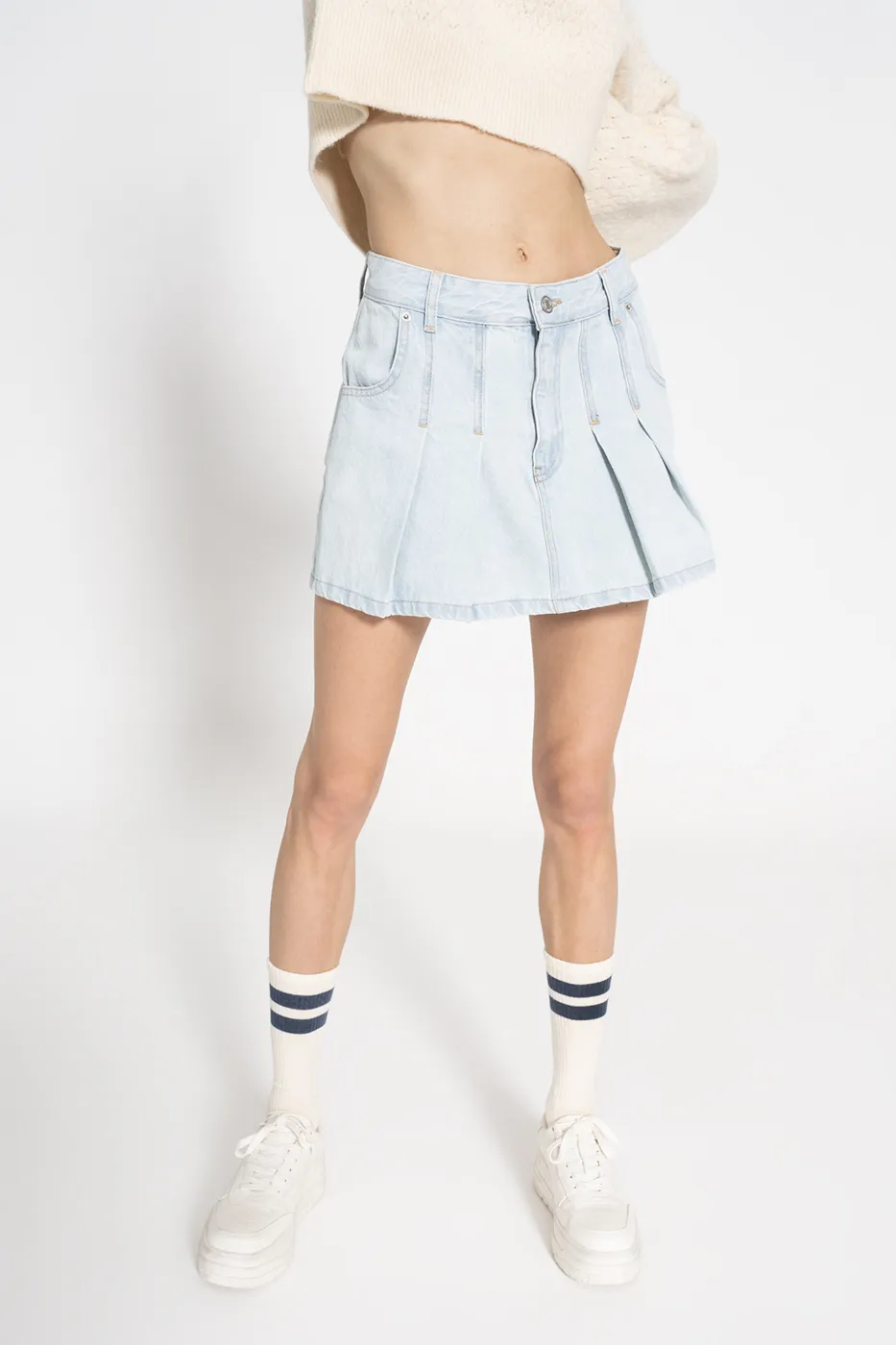 Bayan Mavi Pileli Denim Mini Etek