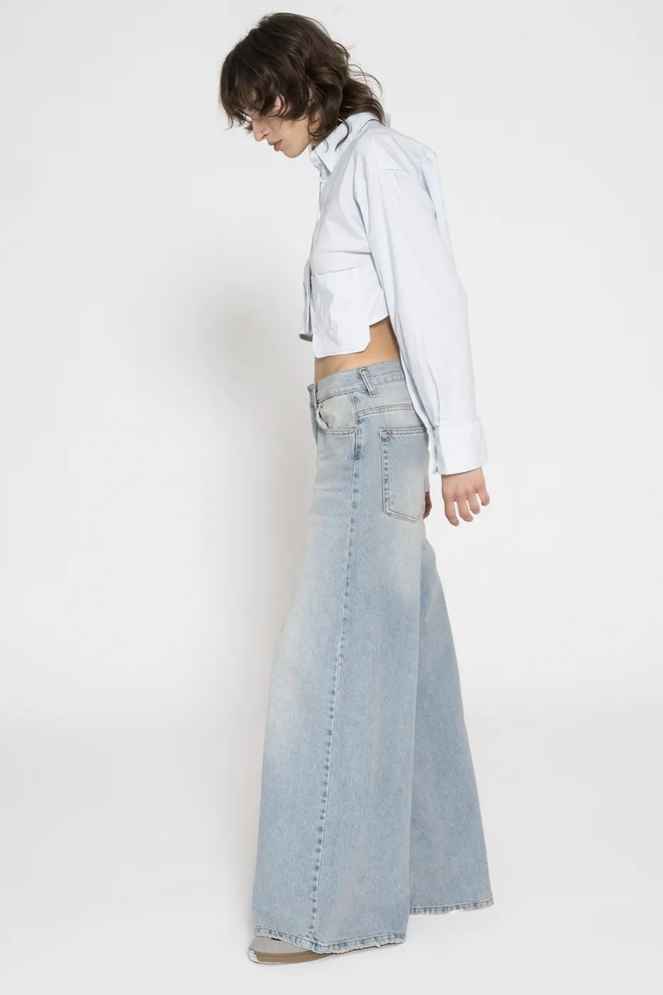 Bayan Mavi Düşük Bel Bol Denim Pantolon