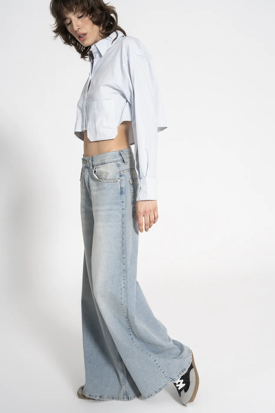 Bayan Mavi Düşük Bel Bol Denim Pantolon