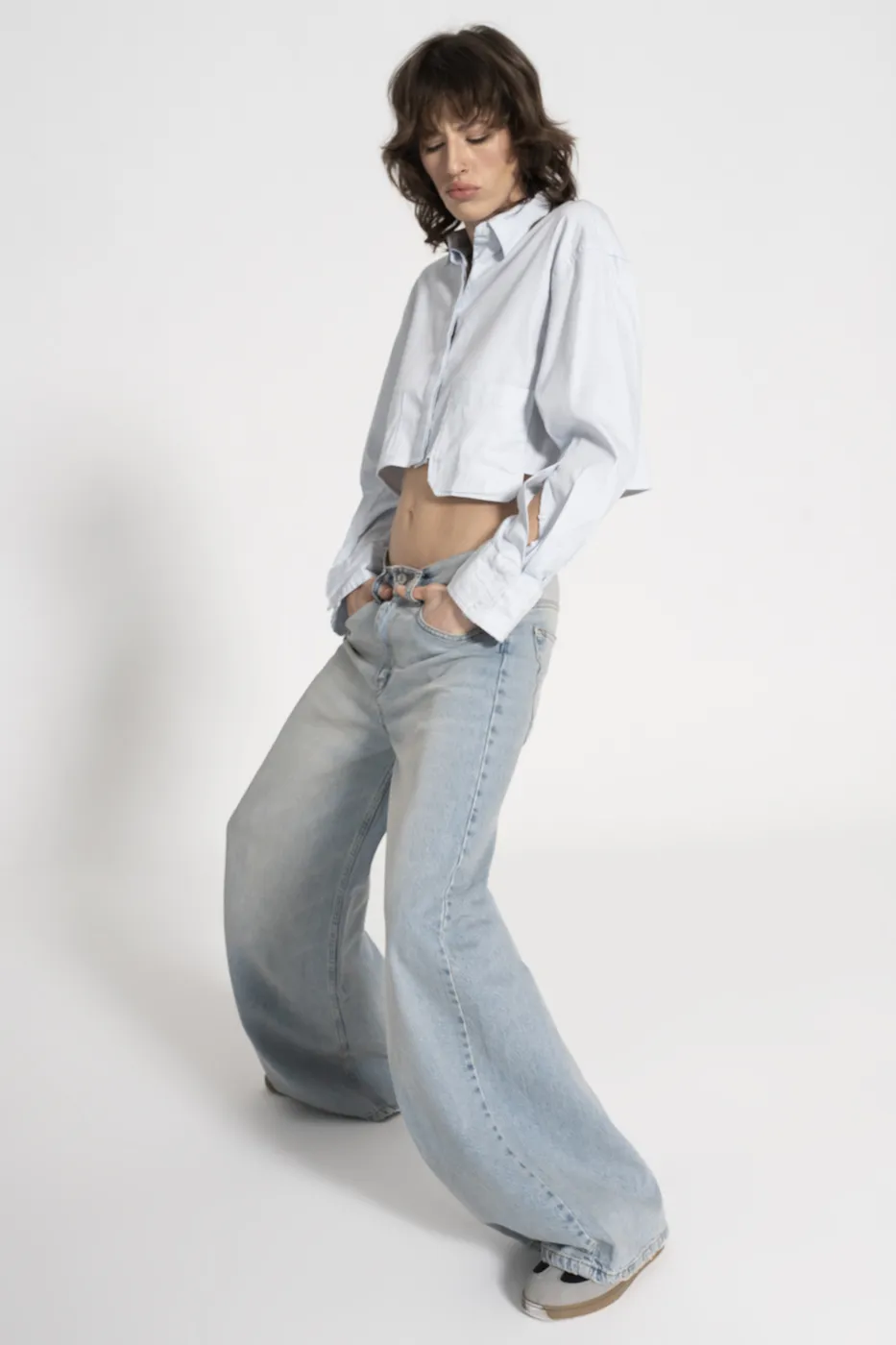Bayan Mavi Düşük Bel Bol Denim Pantolon