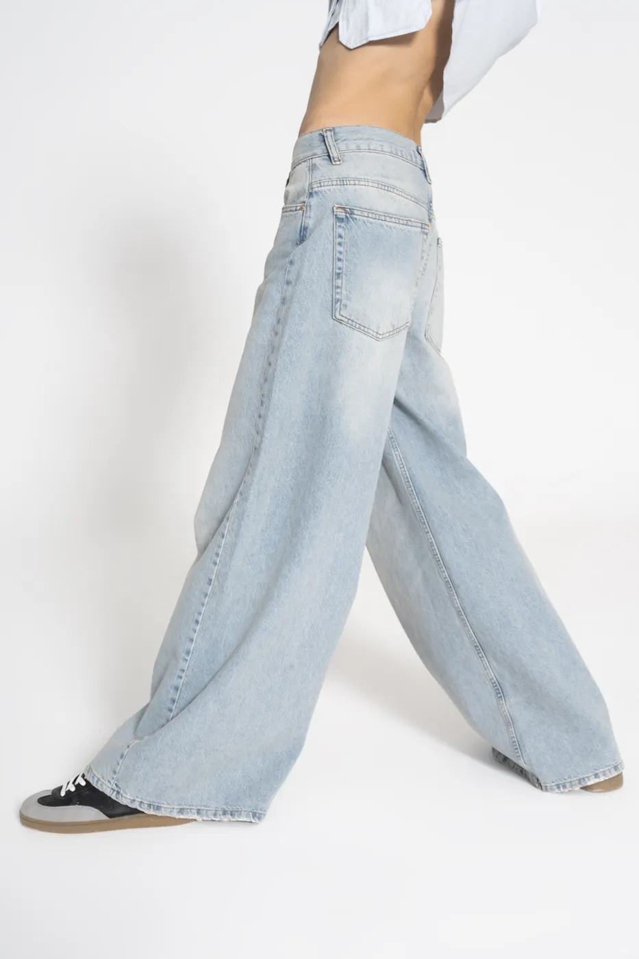 Bayan Mavi Düşük Bel Bol Denim Pantolon