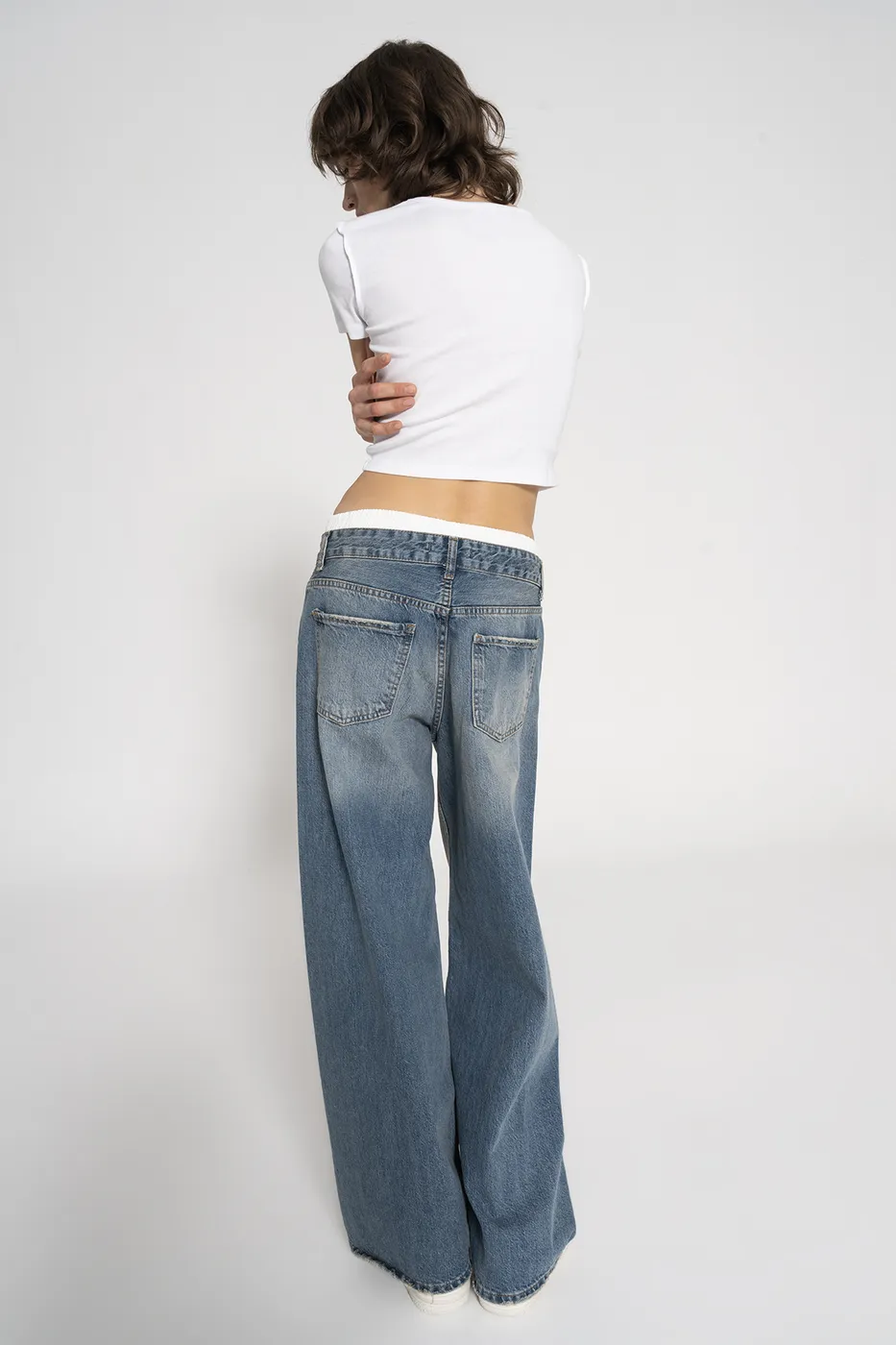 Bayan Mavi Kontrast Boxer Detaylı Bol Denim Pantolon