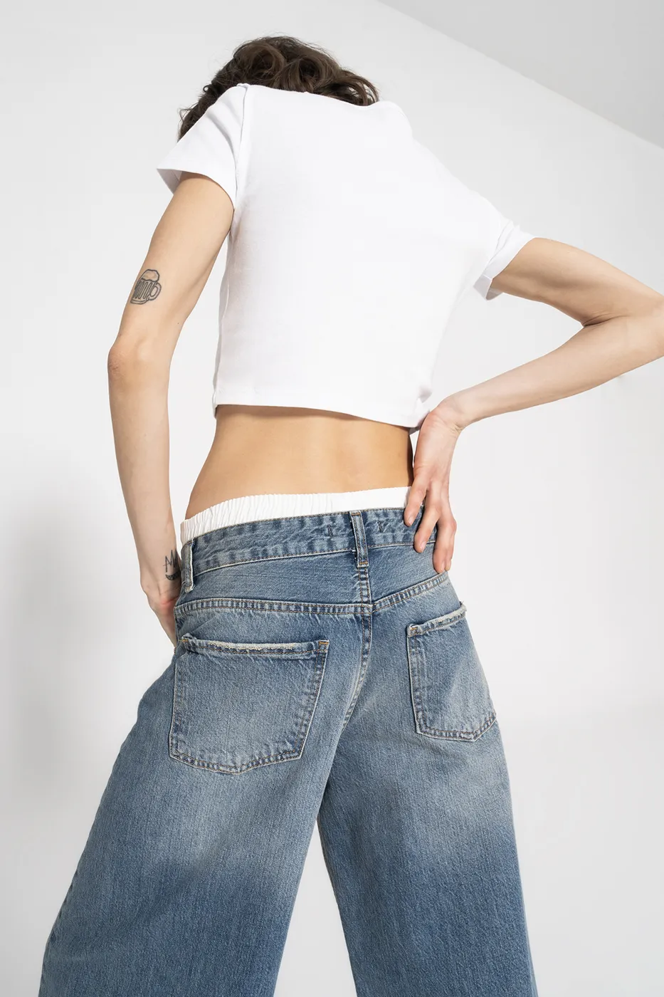 Bayan Mavi Kontrast Boxer Detaylı Bol Denim Pantolon