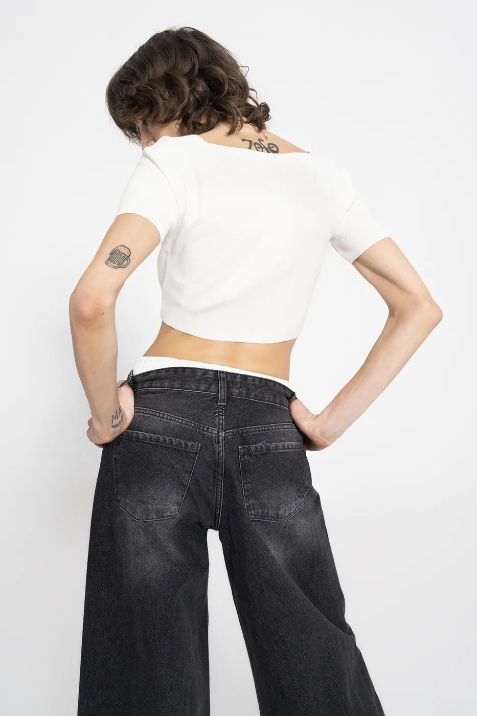 Bayan Siyah Kontrast Boxer Detaylı Bol Denim Pantolon