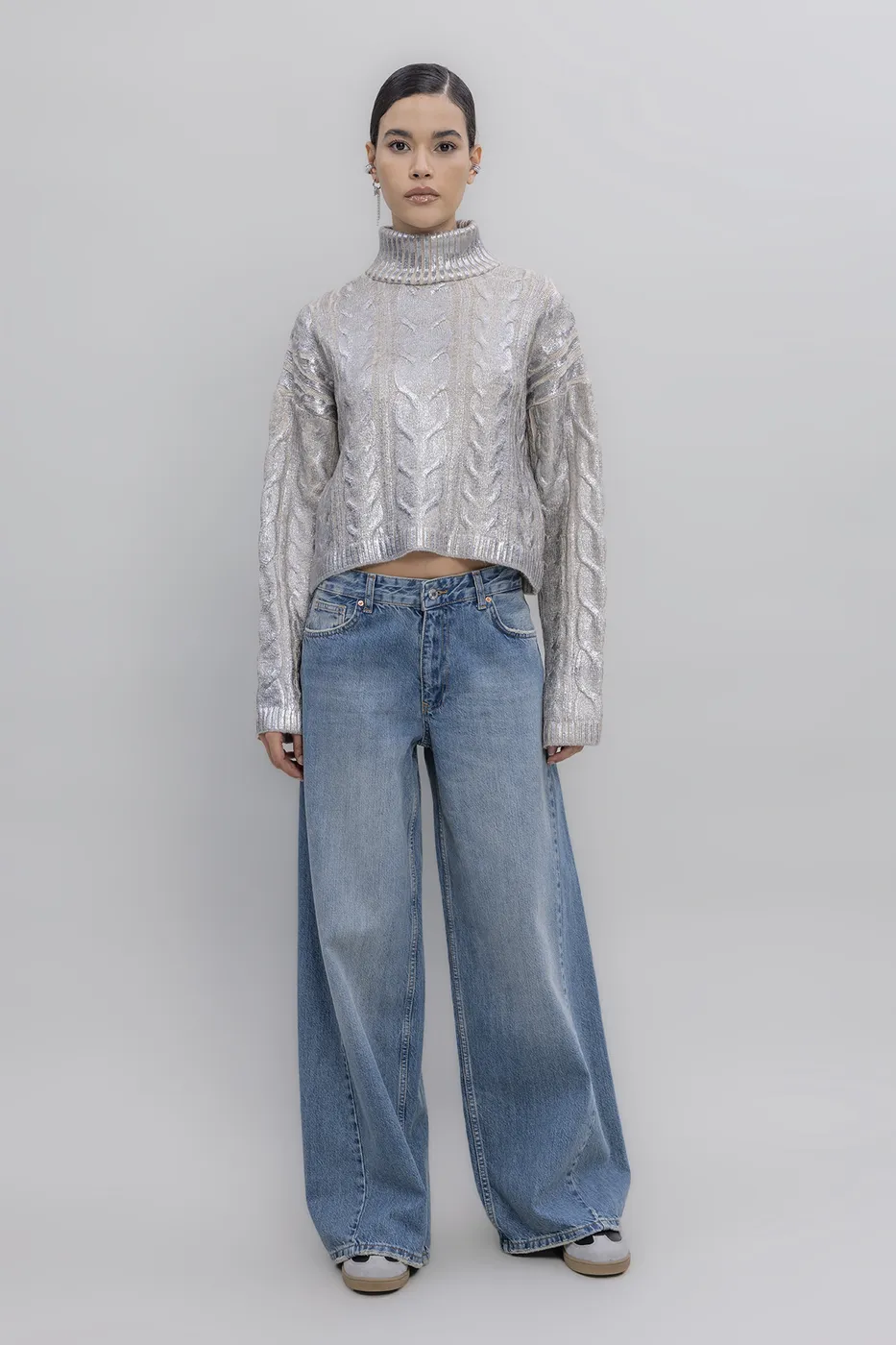 Bayan Mavi Düşük Bel Bol Paça Denim Pantolon