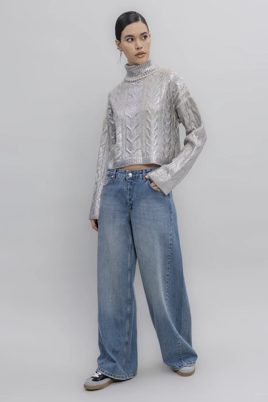 Bayan Mavi Düşük Bel Bol Paça Denim Pantolon