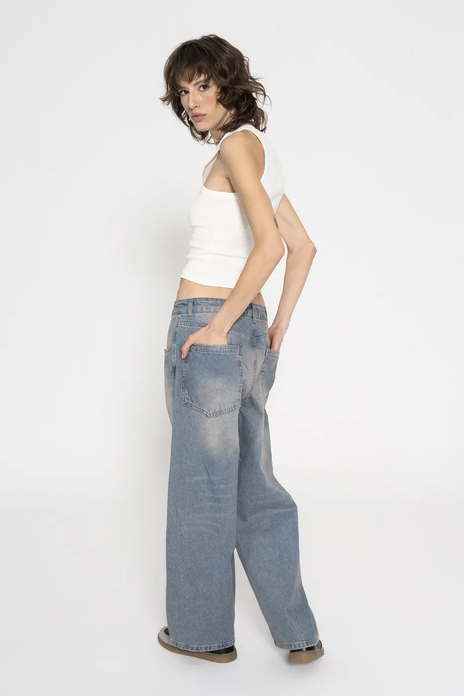 Bayan Mavi Orta Bel Bol Denim Pantolon