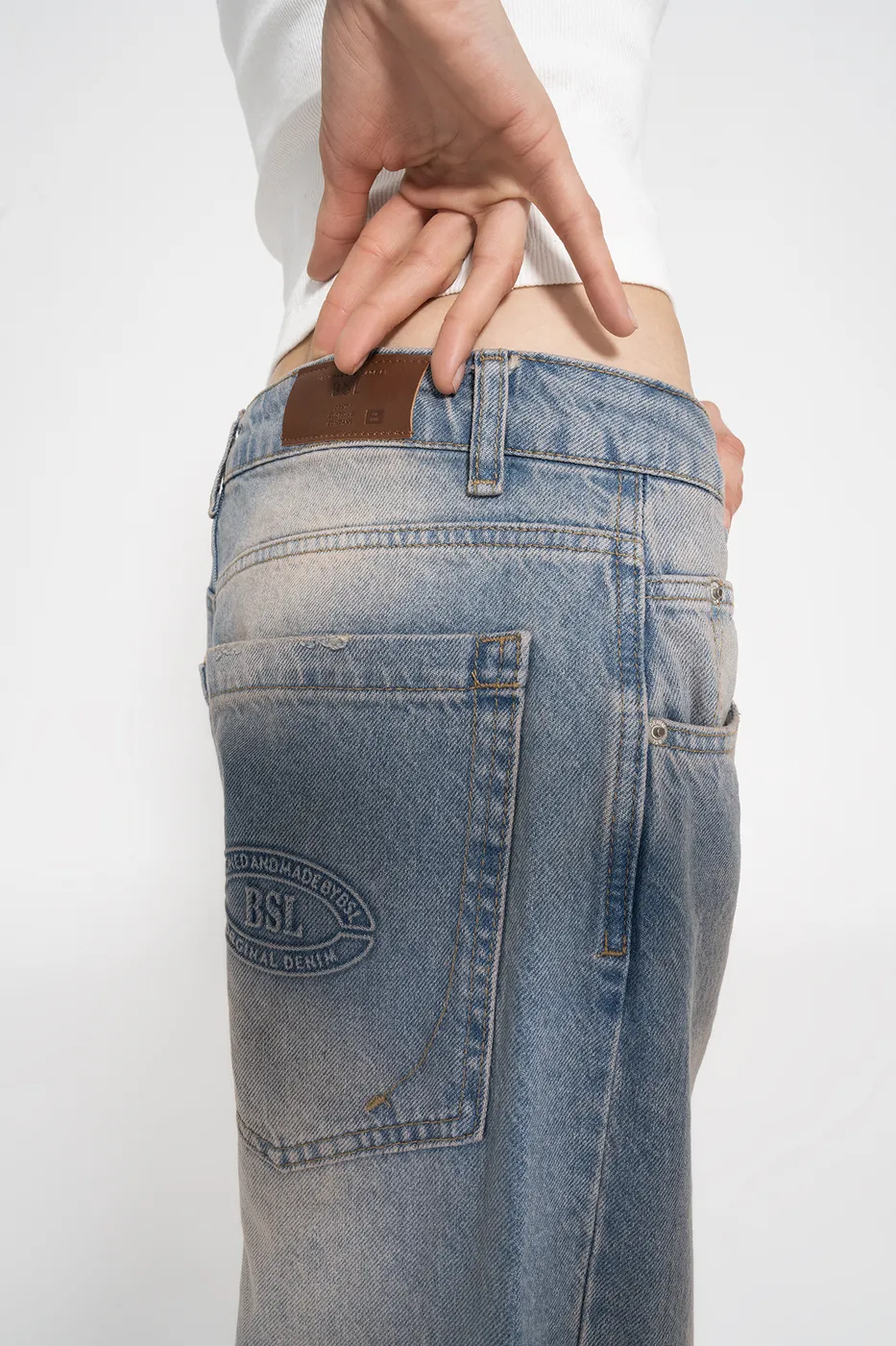 Bayan Mavi Orta Bel Bol Denim Pantolon