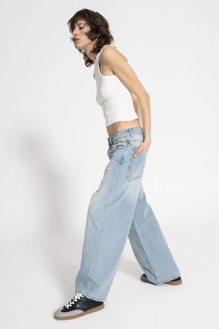 Bayan Mavi Orta Bel Bol Denim Pantolon