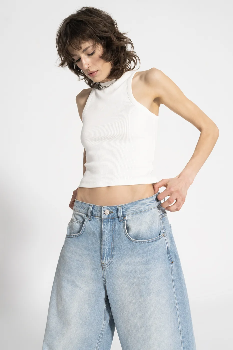 Bayan Mavi Orta Bel Bol Denim Pantolon