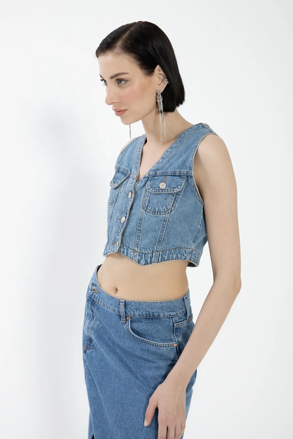 Bayan Mavi Crop Fit Denim Yelek
