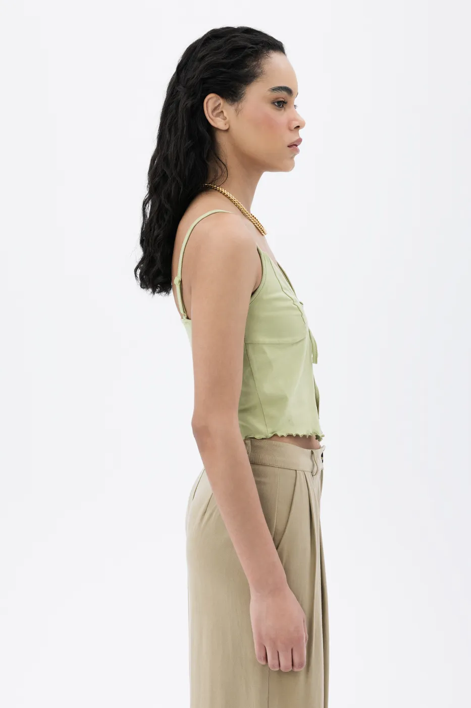 Bayan Yeşil Askılı Crop Bluz