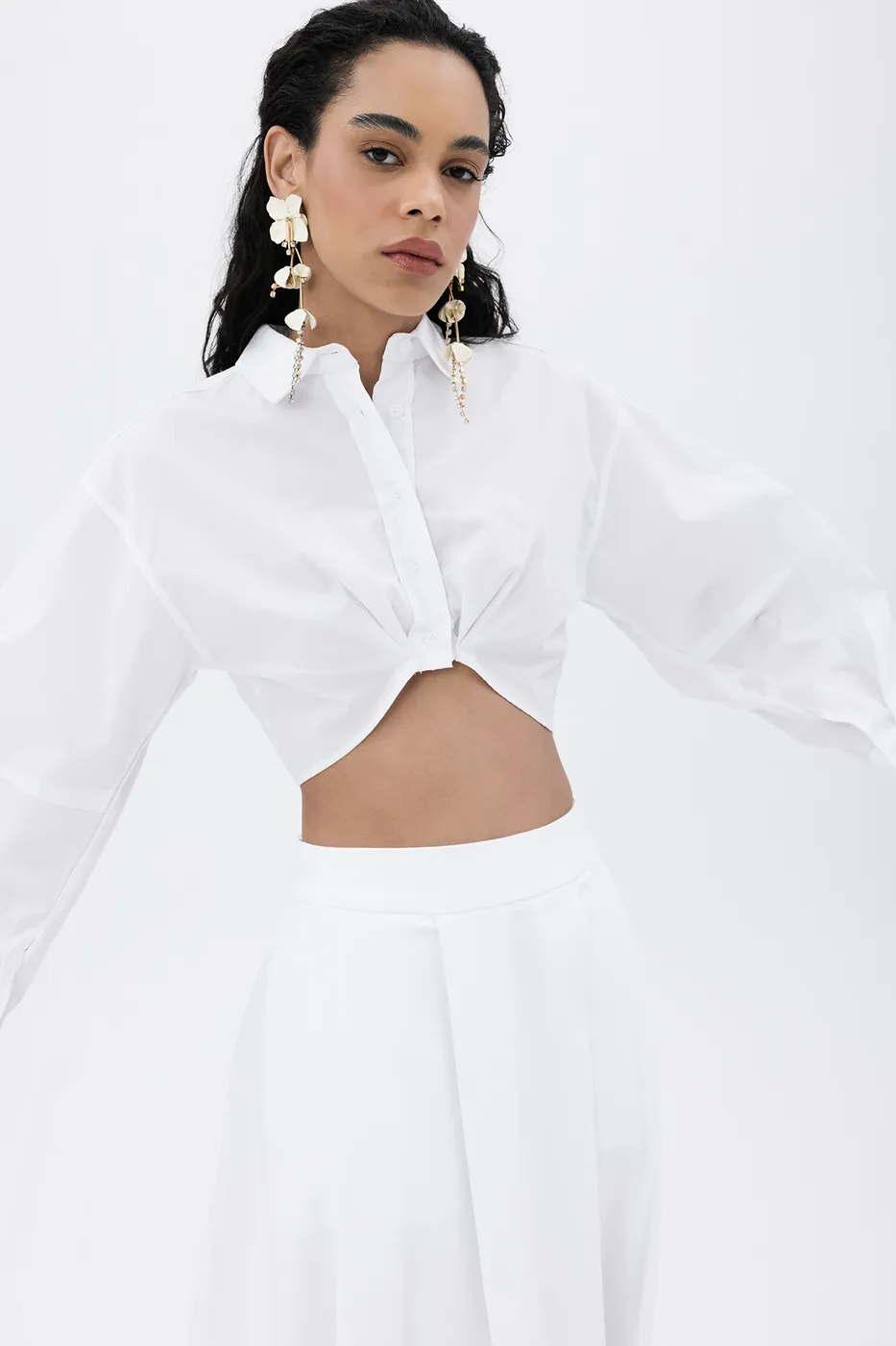 Bayan Beyaz Crop  Poplin Gömlek