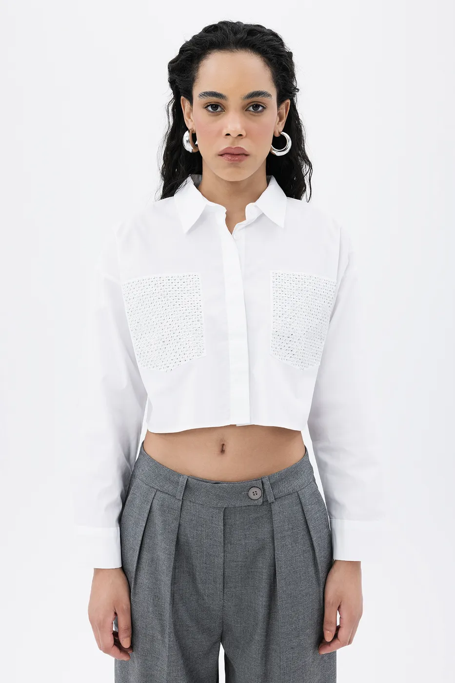 Bayan Beyaz Taş Baskılı Crop  Poplin Gömlek