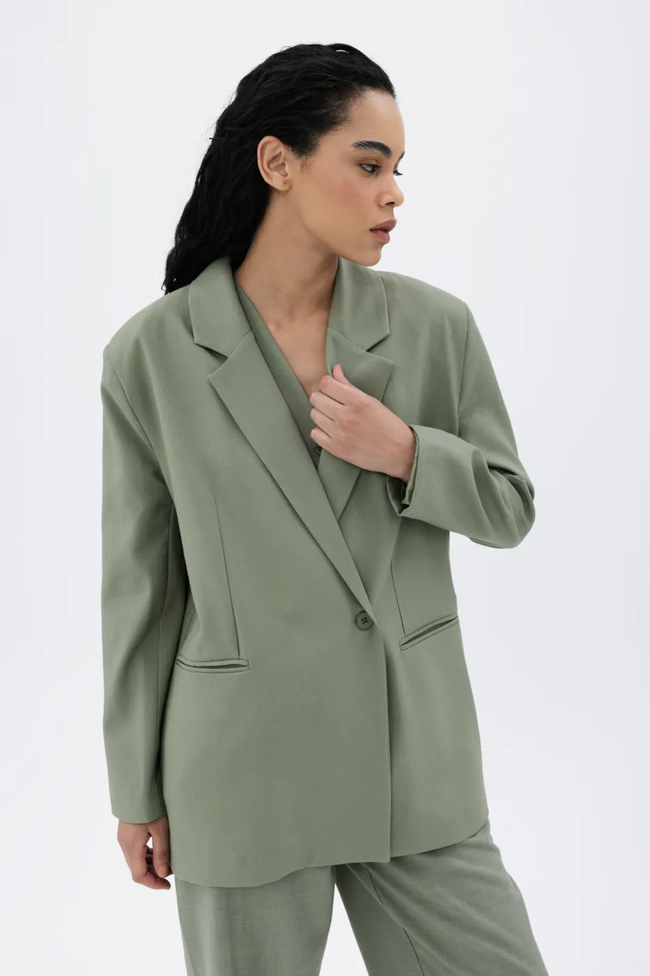 Bayan Haki Tek Düğmeli Blazer Ceket