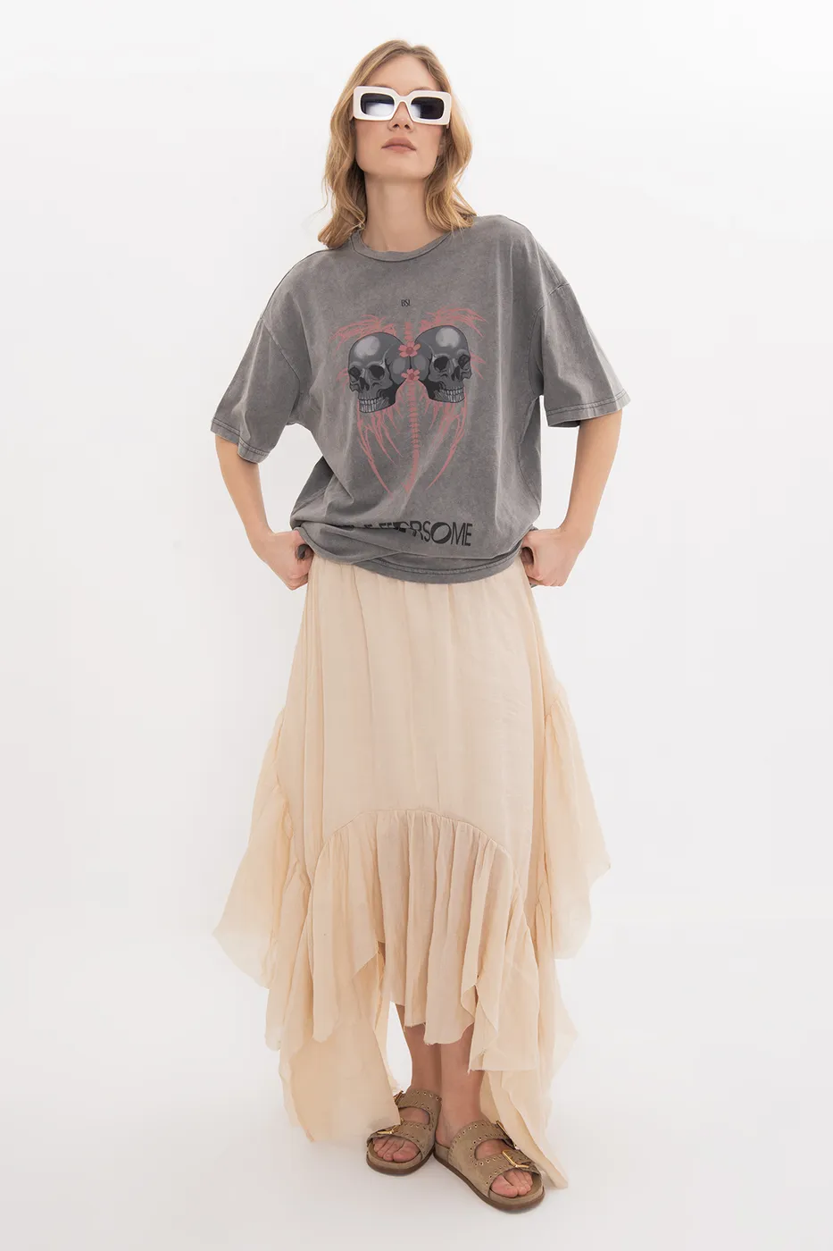 Bayan Antrasit Oversize Baskılı Tshirt