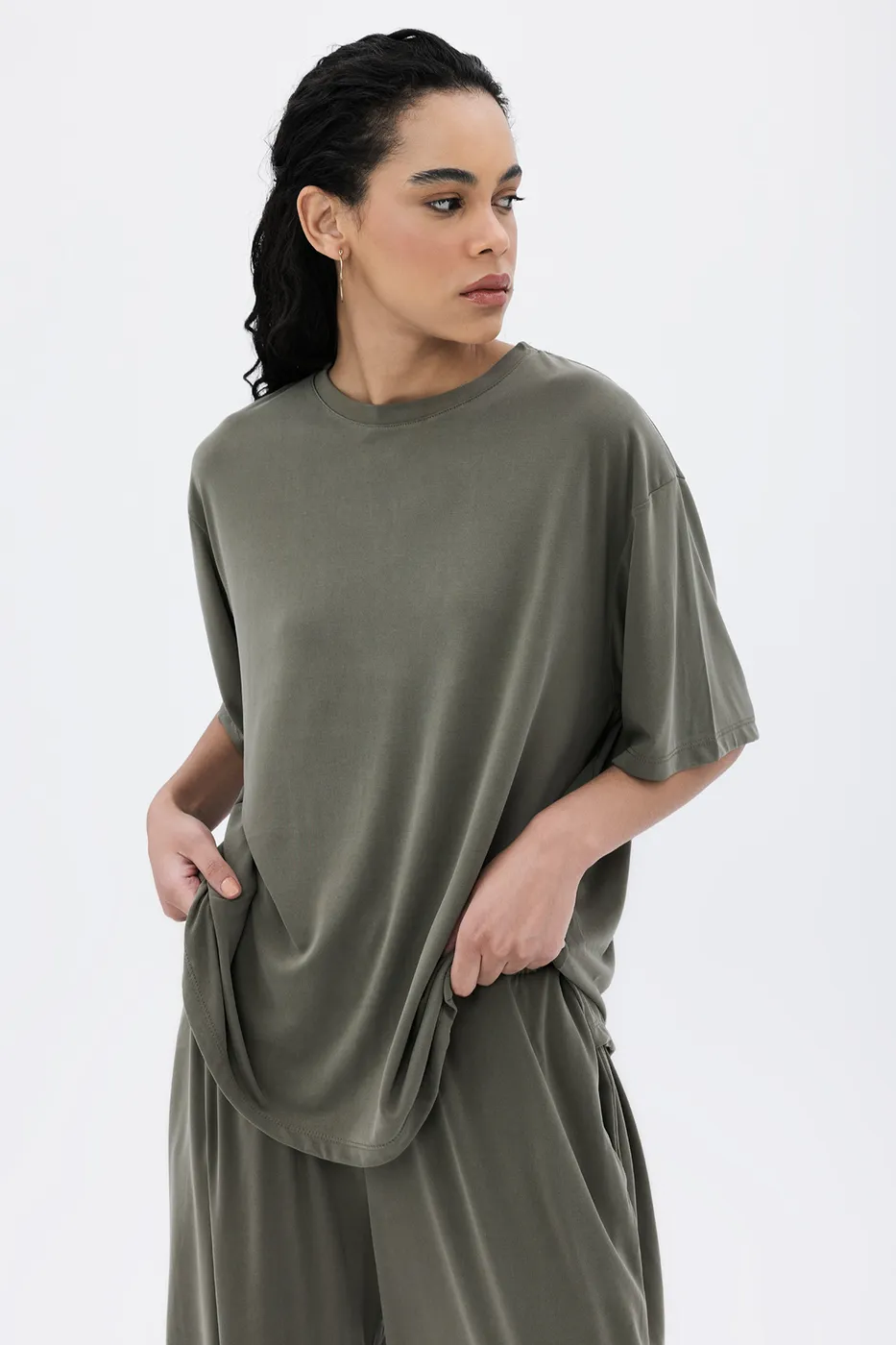 Bayan Haki Bisiklet Yaka Modal Dökümlü Tshirt