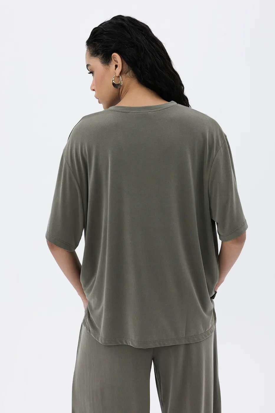 Bayan Haki Bisiklet Yaka Modal Dökümlü Tshirt