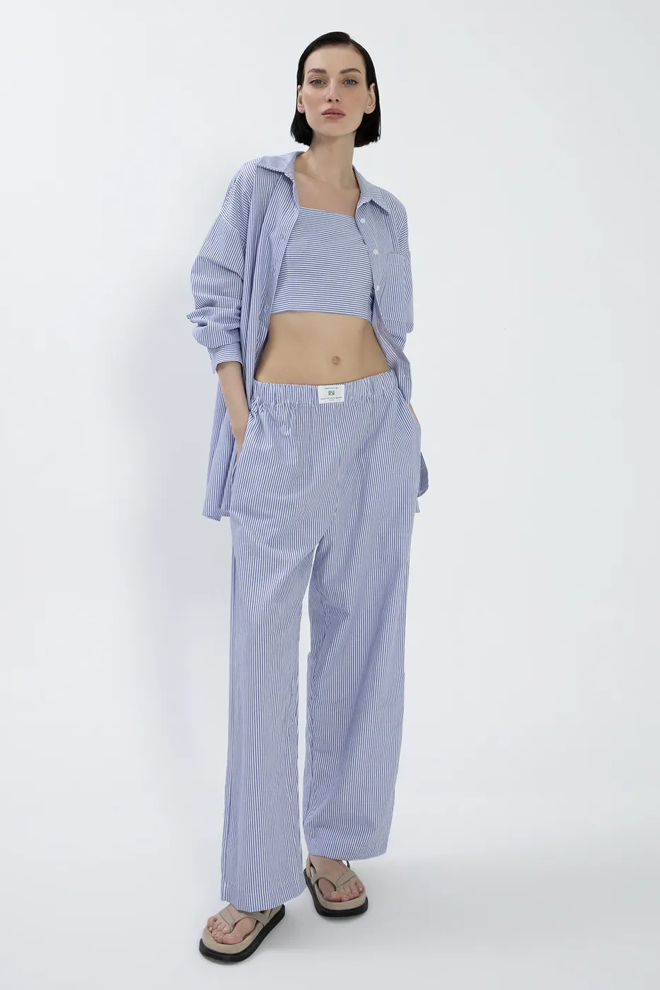 Bayan Mavi Çizgili Poplin Pantolon
