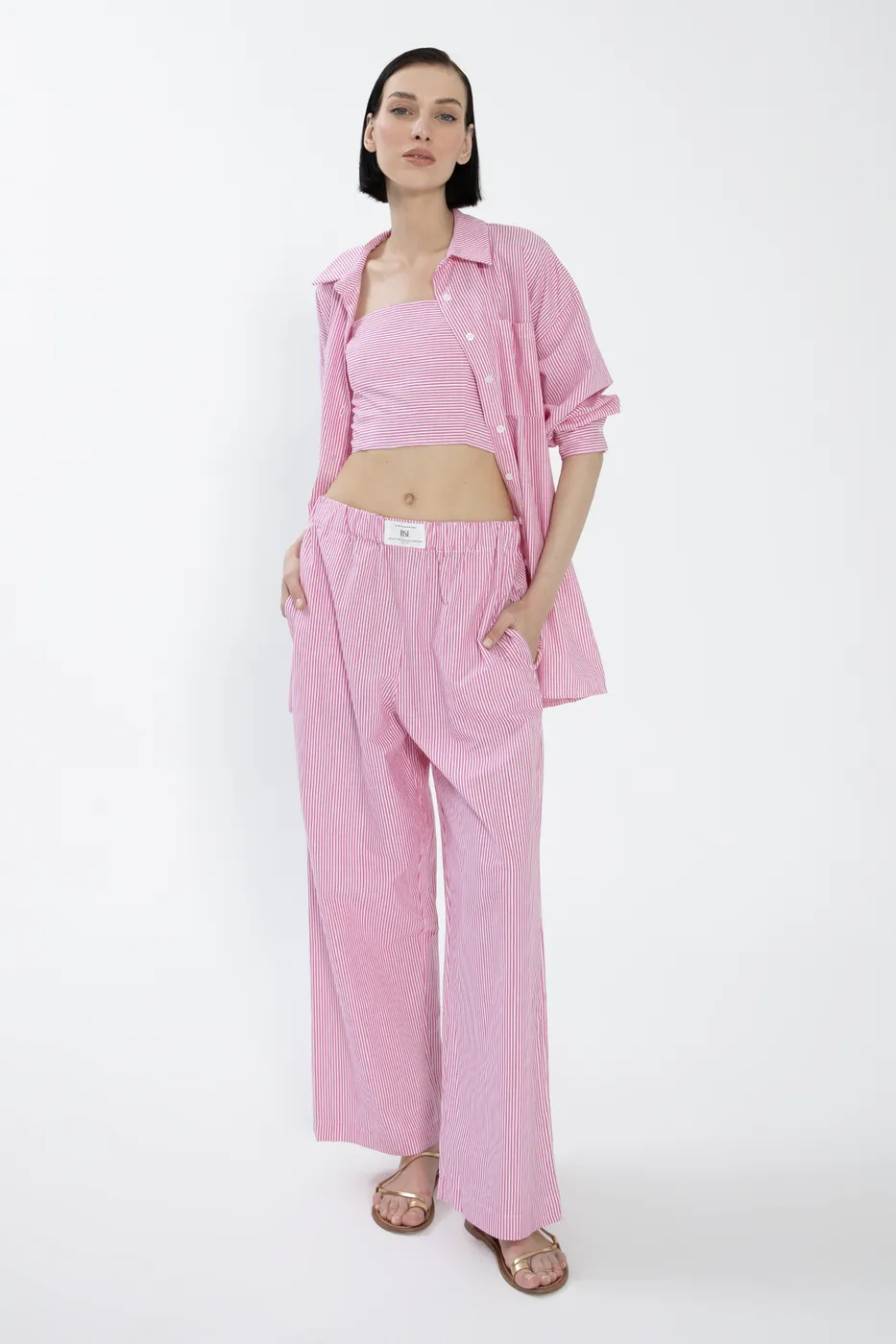 Bayan Pembe Çizgili Poplin Pantolon