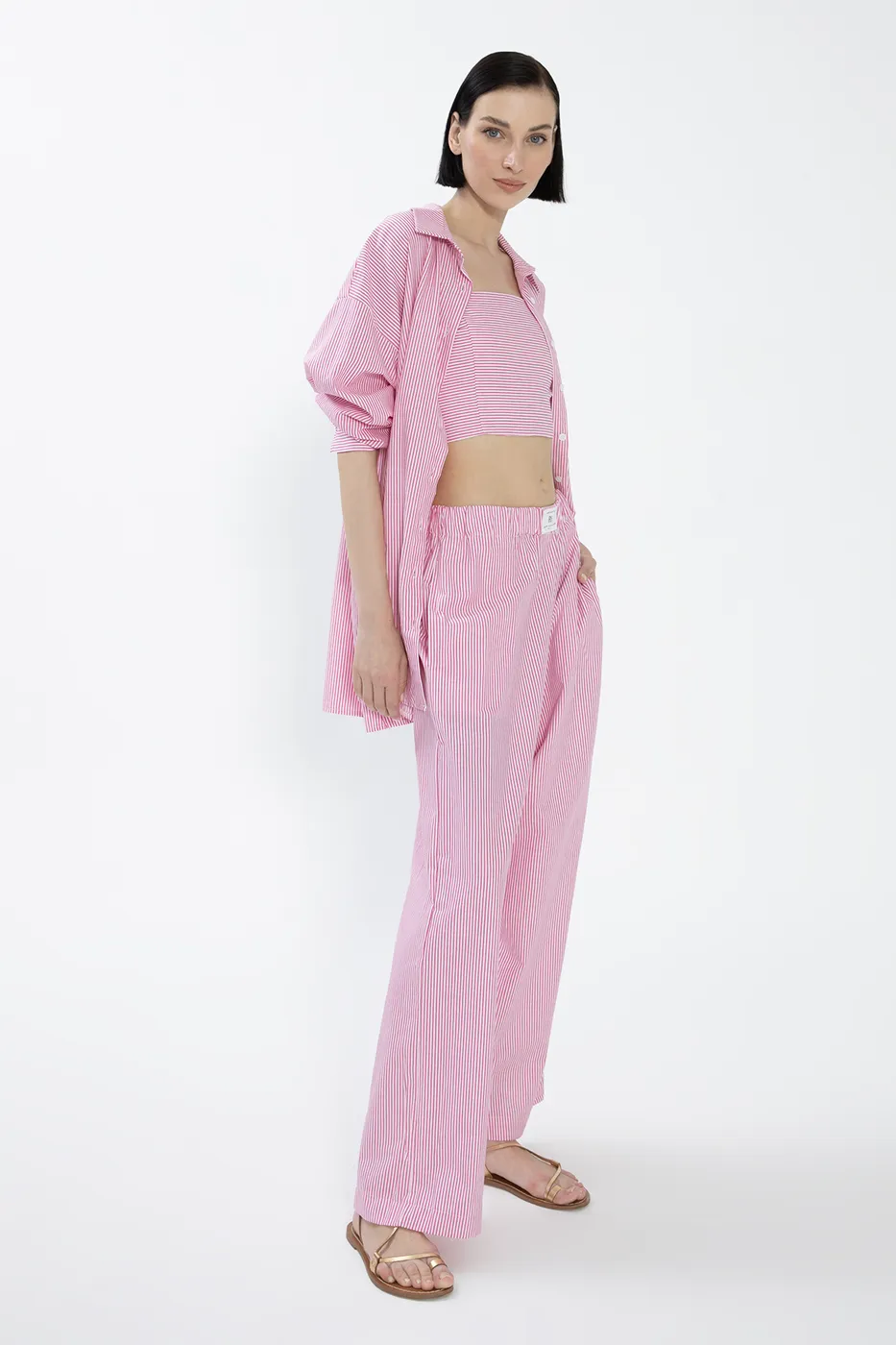 Bayan Pembe Çizgili Poplin Pantolon