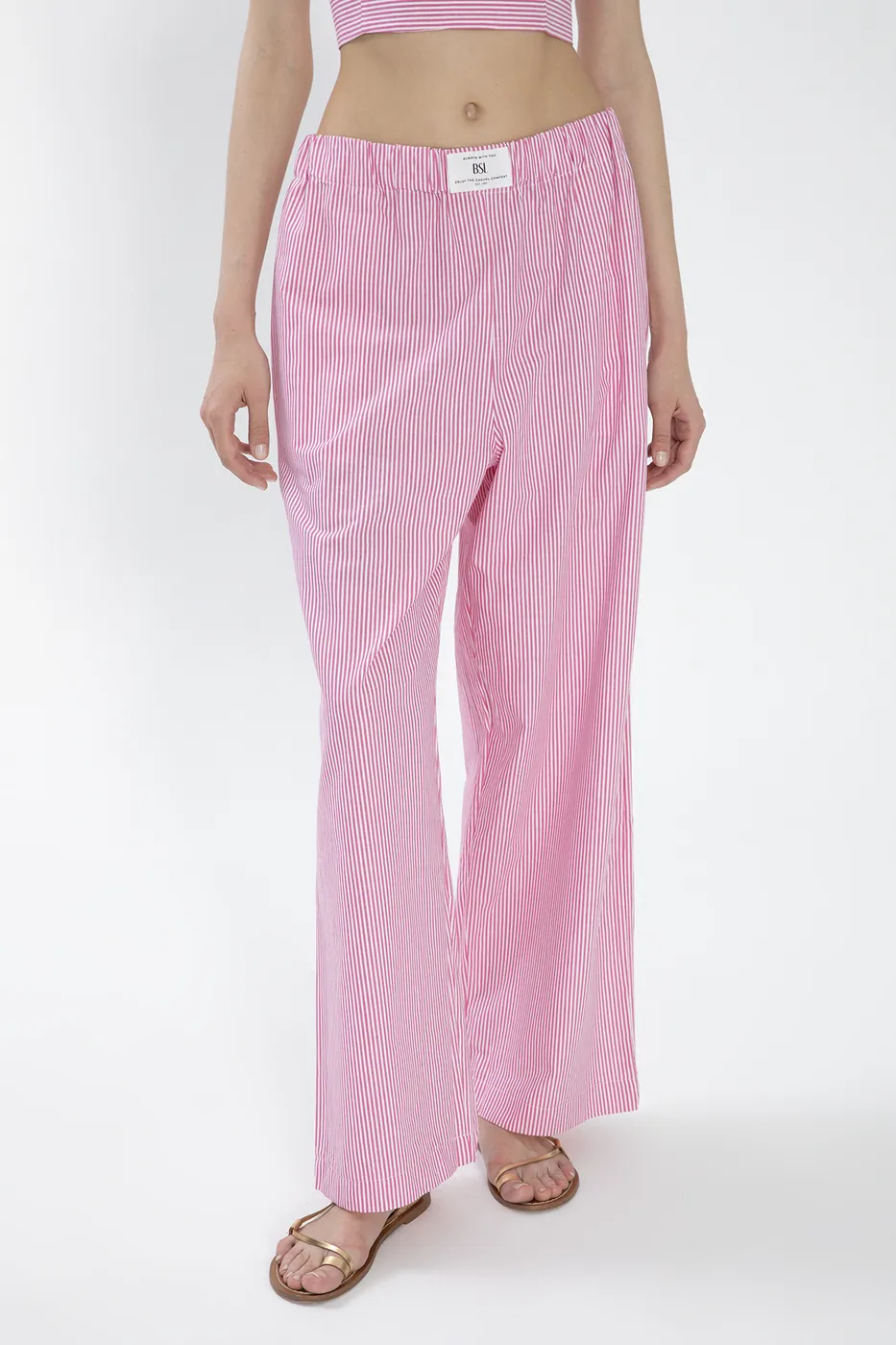 Bayan Pembe Çizgili Poplin Pantolon