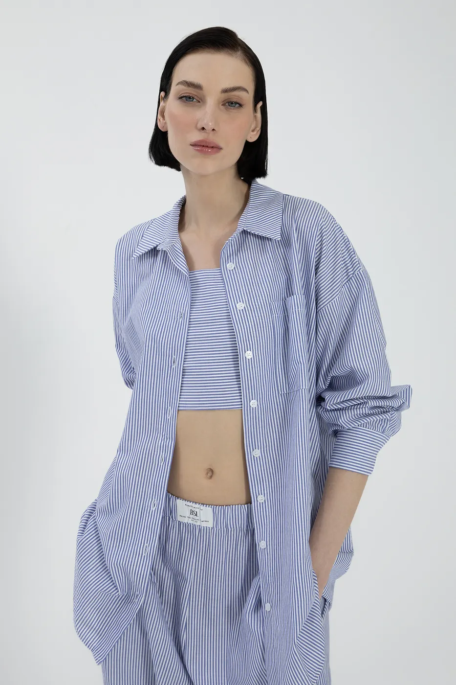 Bayan Mavi Oversize Çizgili Poplin Gömlek