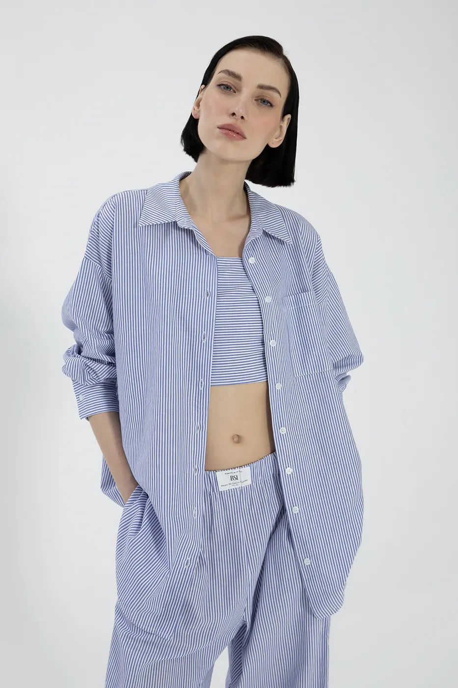 Bayan Mavi Oversize Çizgili Poplin Gömlek