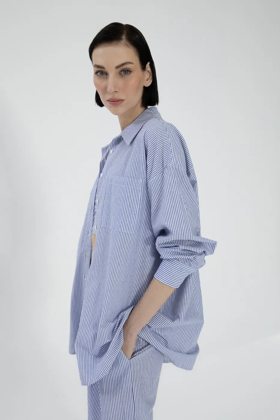 Bayan Mavi Oversize Çizgili Poplin Gömlek