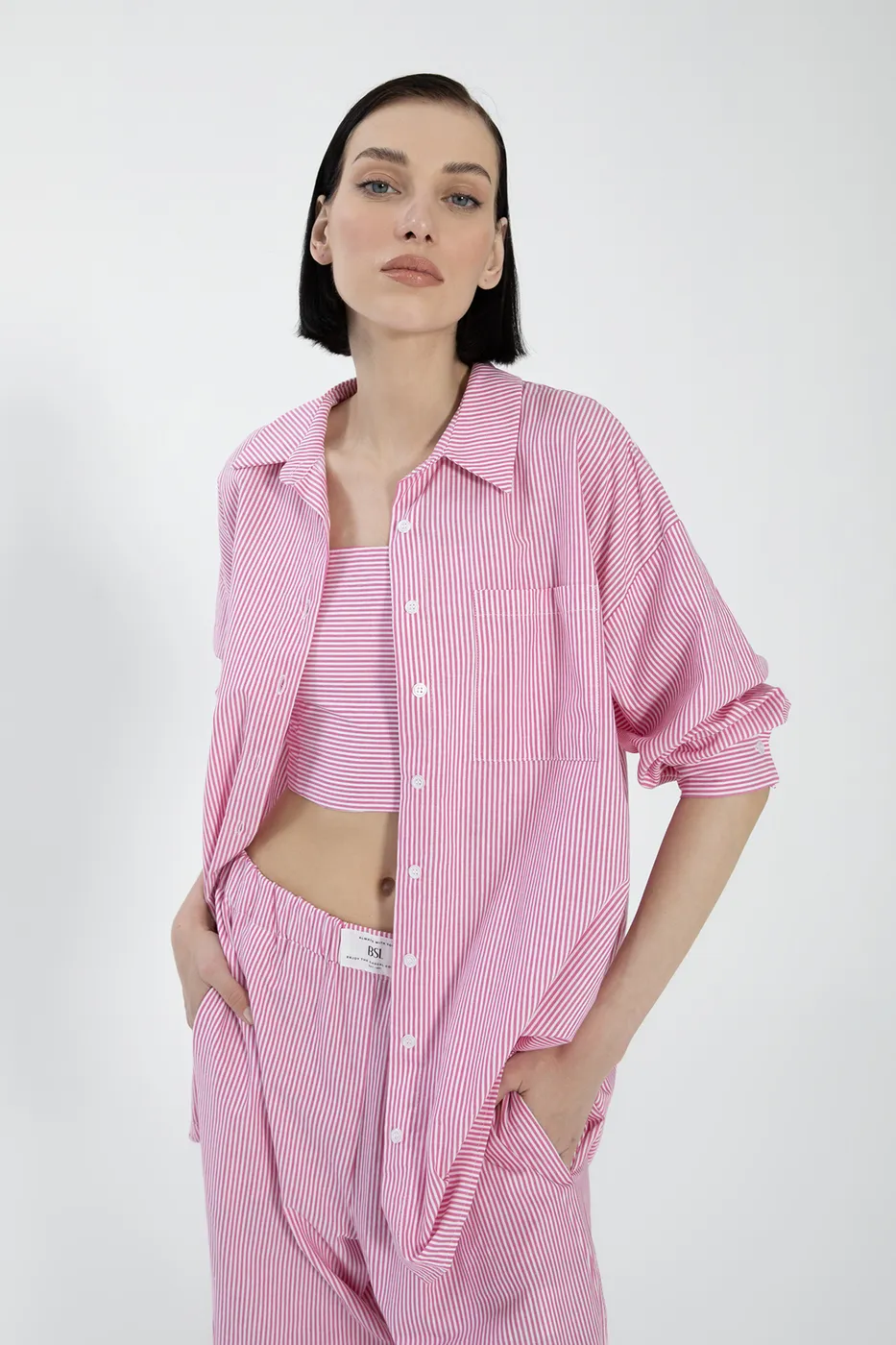Bayan Pembe Oversize Çizgili Poplin Gömlek