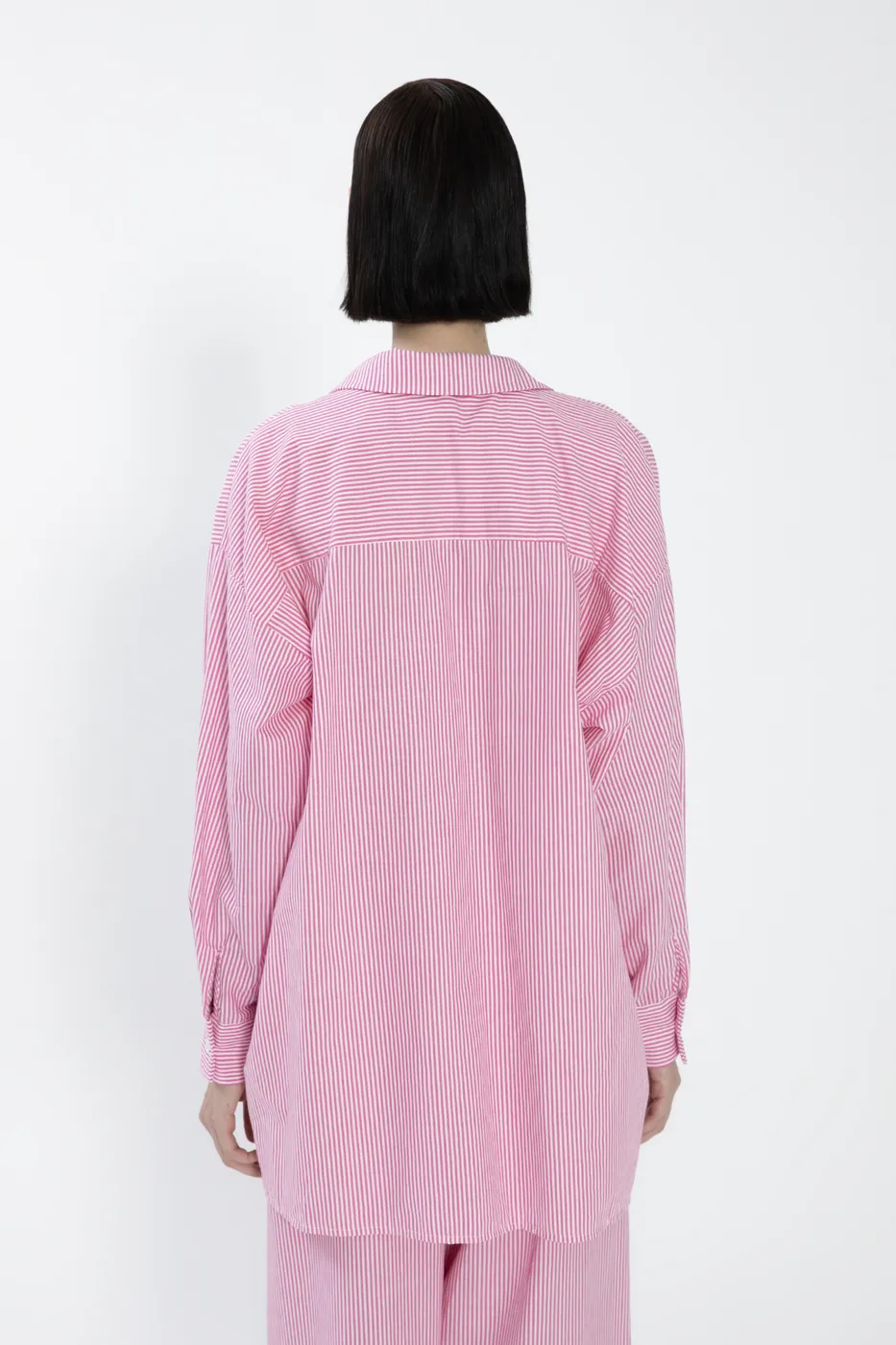 Bayan Pembe Oversize Çizgili Poplin Gömlek