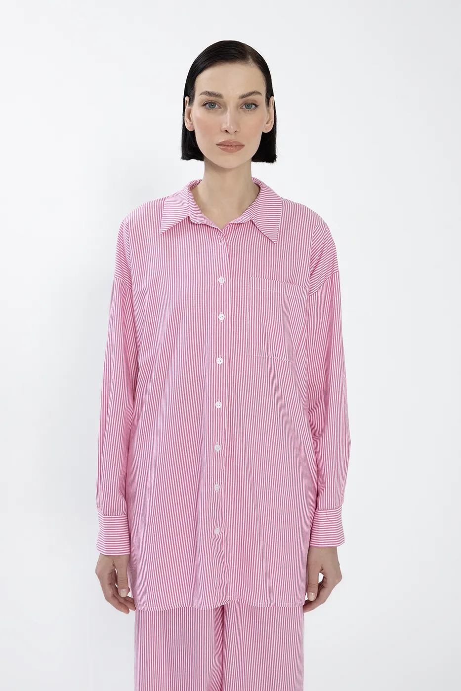 Bayan Pembe Oversize Çizgili Poplin Gömlek
