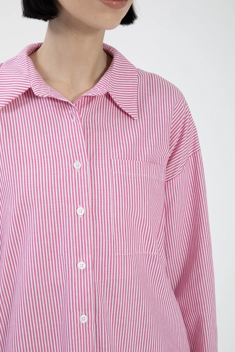 Bayan Pembe Oversize Çizgili Poplin Gömlek