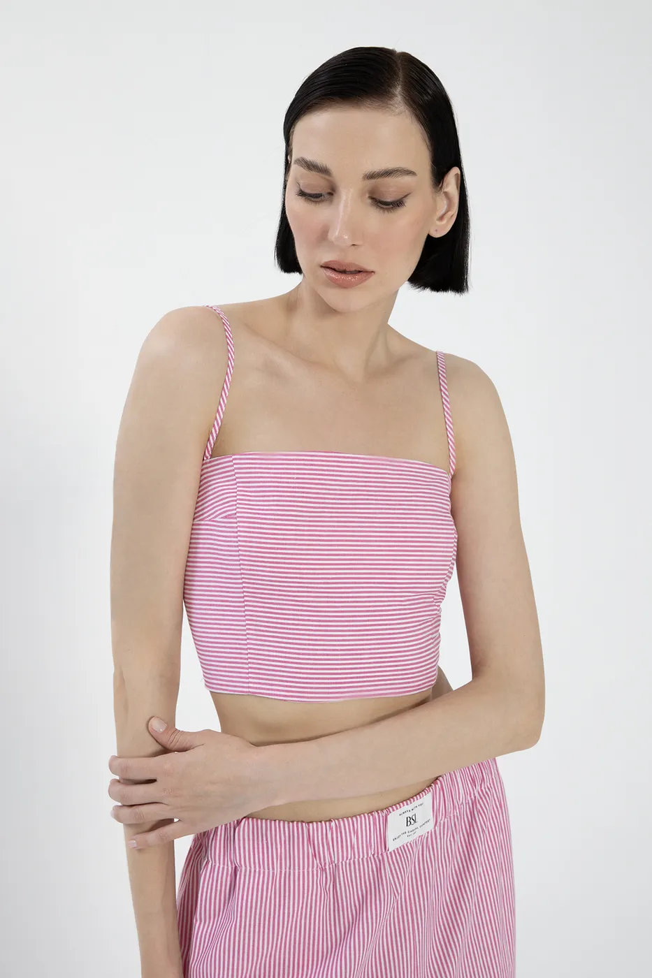 Bayan Pembe Çizgili Poplin Askılı Bustiyer