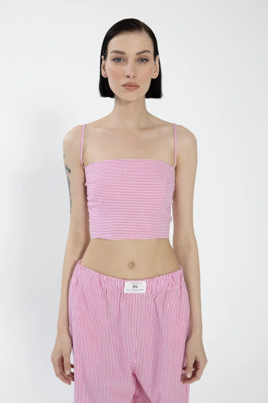 Bayan Pembe Çizgili Poplin Askılı Bustiyer